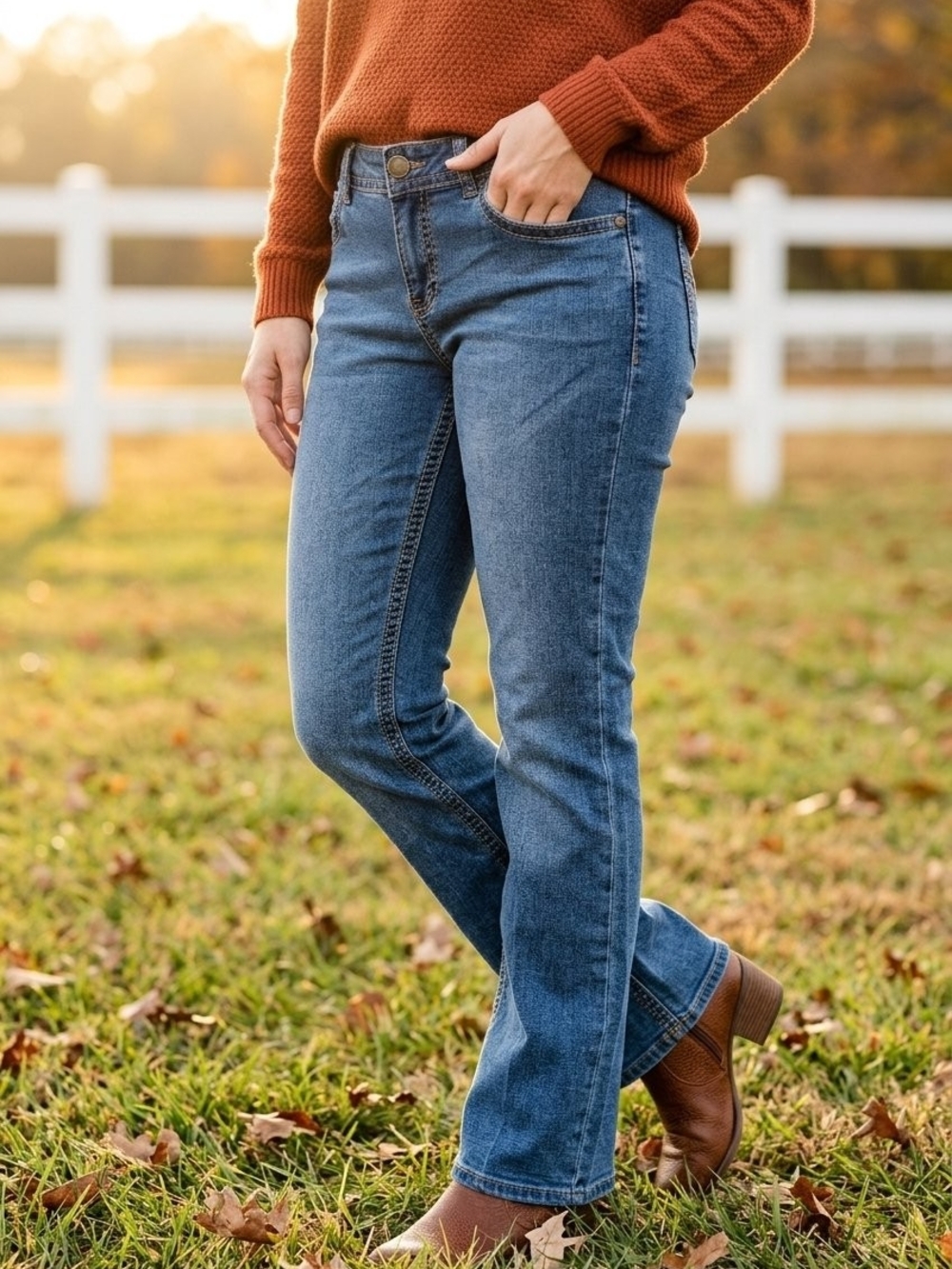 Classic Mid-Rise Blue Bootcut Jeans for Women #593